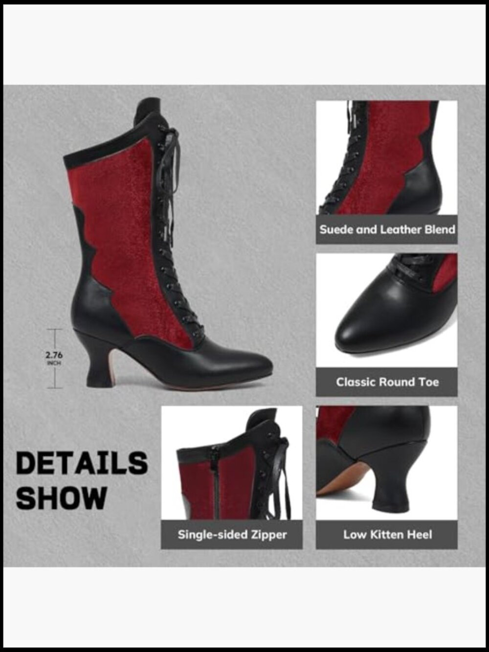 Victorian Medieval Mid-Calf Boots Lace Up Side Zipper Kitten Heels Cosplay Shoes - Picture 6 of 7
